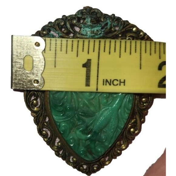 Vintage Chinese Carved Faux Jade Bird Brooch Pin Pendant Filigree - Picture 5 of 5